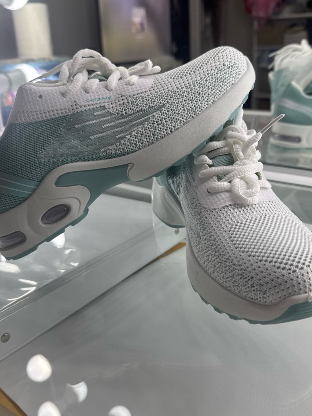 Women's White and Light Mint Knit Athletic Sneakers
